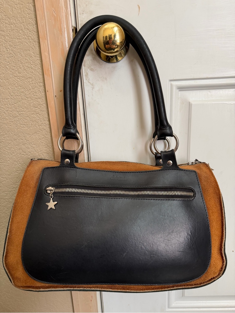 Vintage Dean. Handmade Black Leather & Tan Suede Star Charm Handheld Satchel Bag